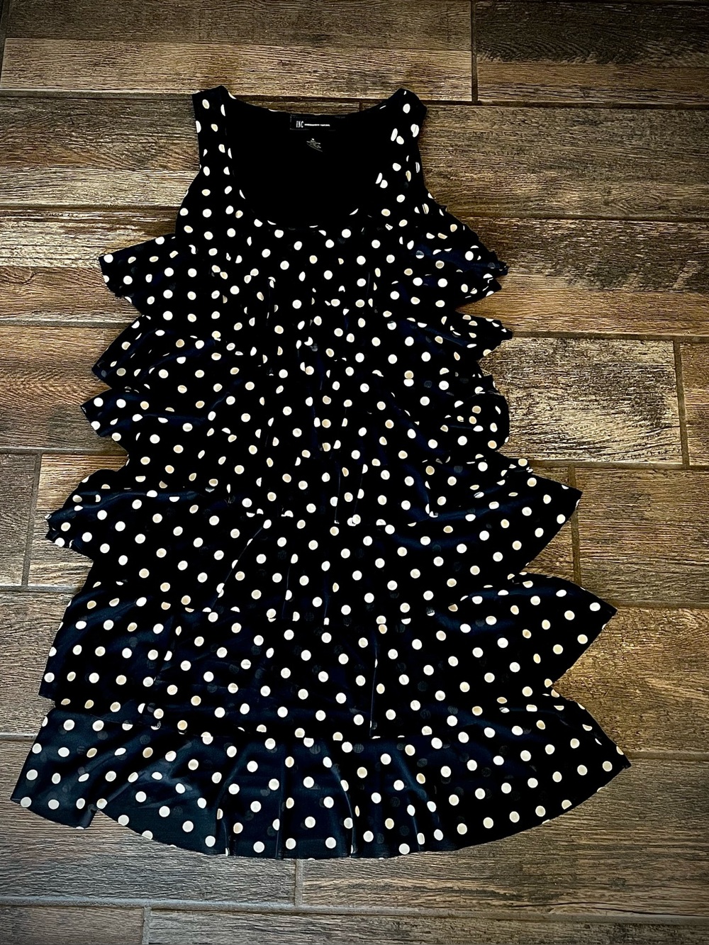 INC International Concepts black with off white polka dots ruffled dress M